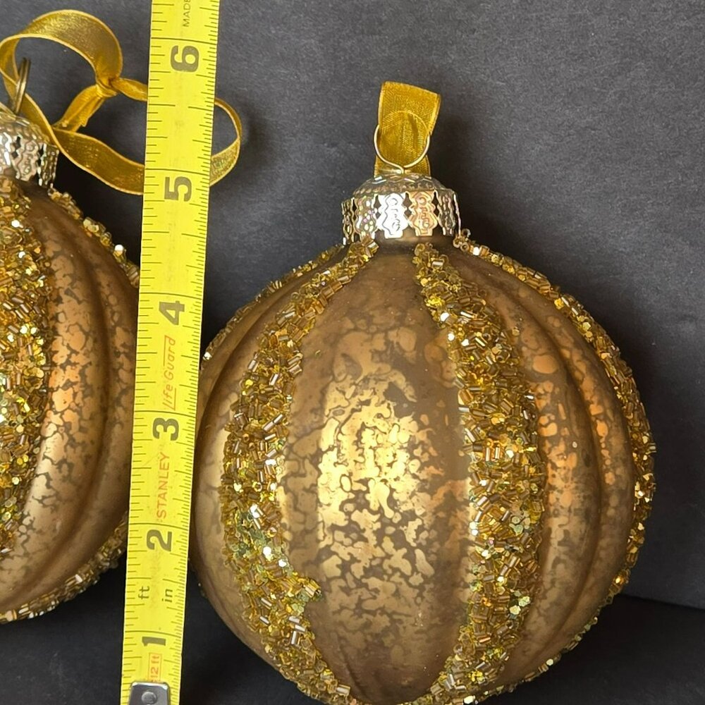 Frontgate Gold Glass Christmas Ornaments Set 2 Beaded Ribbed Crackle Finish 4" - Picture 6 of 7